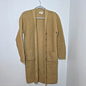 Vintage Wool Fisherman Cardigan Size M Coat Chunky Camel Open Knit Duster Pocket